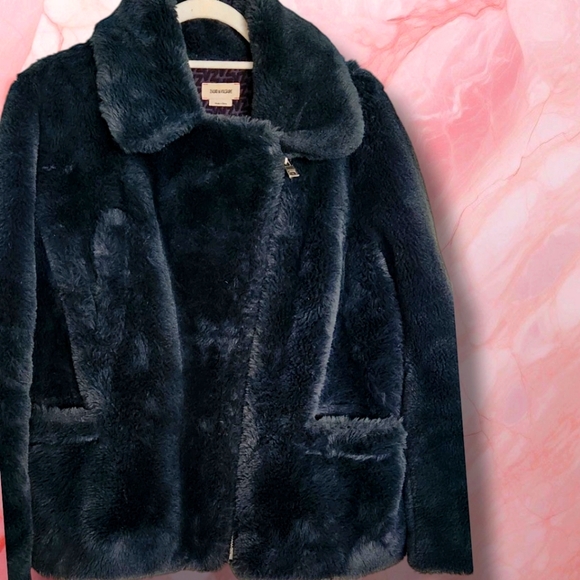 ZADIG & VOLTAIRE Freeze Faux Fur Coat Black/Green 3-Pocket Front Zip Close M/L - Picture 2 of 16